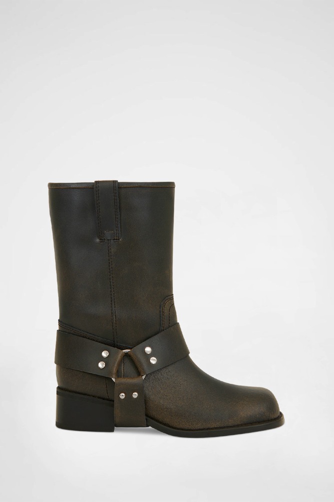 COW LEATHER MID BIKER BOOTS (2-WAY)